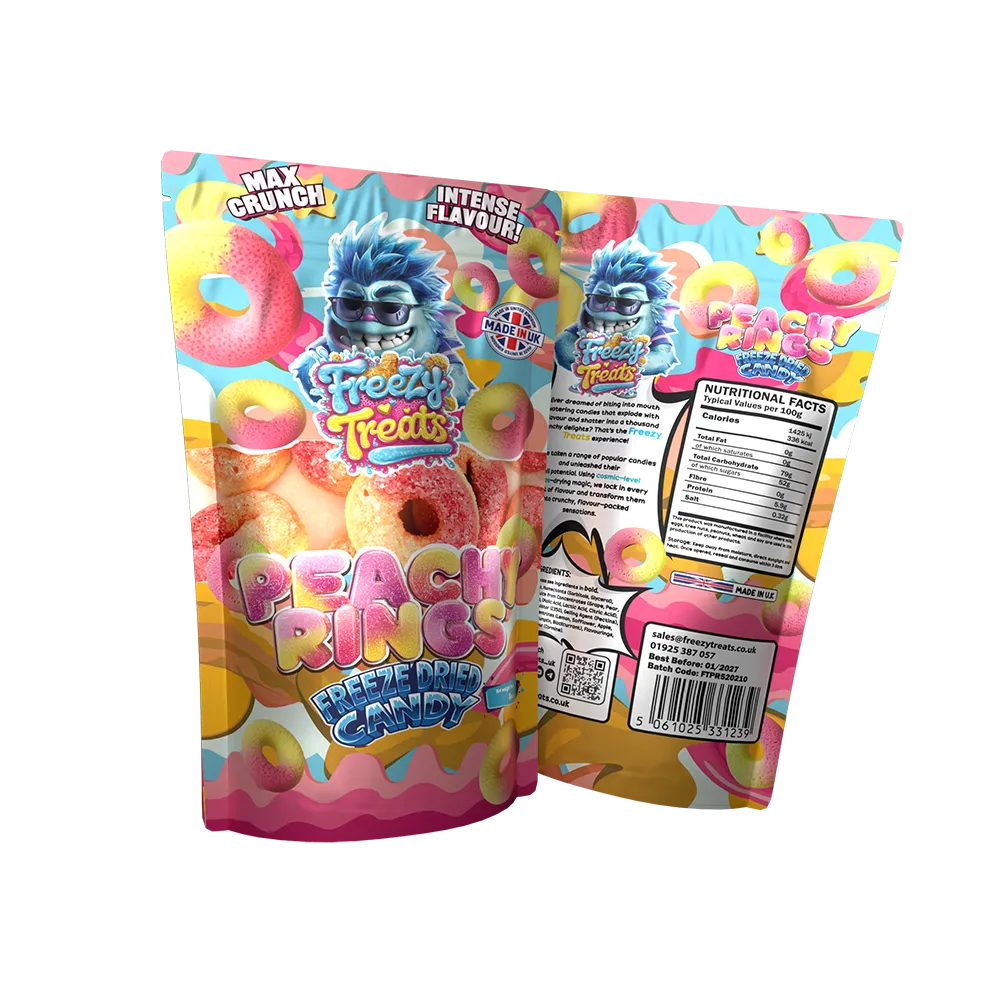 Freezy Treats Peachy Ring Freeze Dried Candy Packet Front And Back - Vapestore Direct
